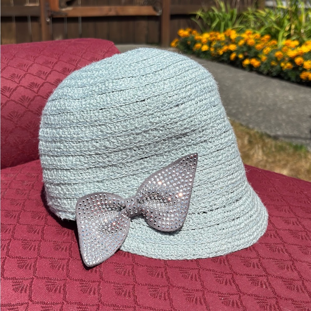Soft Stylish Cloche-style Hat with Bow - Light Blue with grey embellished bow.